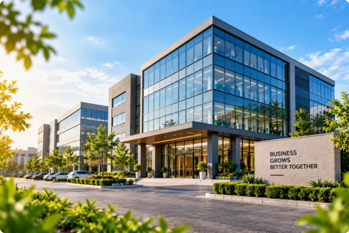 A glass-fronted commercial office building