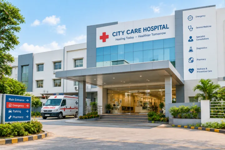 A hospital building with an ambulance at the entrance