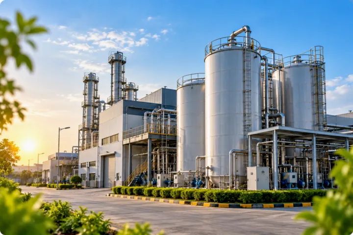 An industrial plant with large storage silos