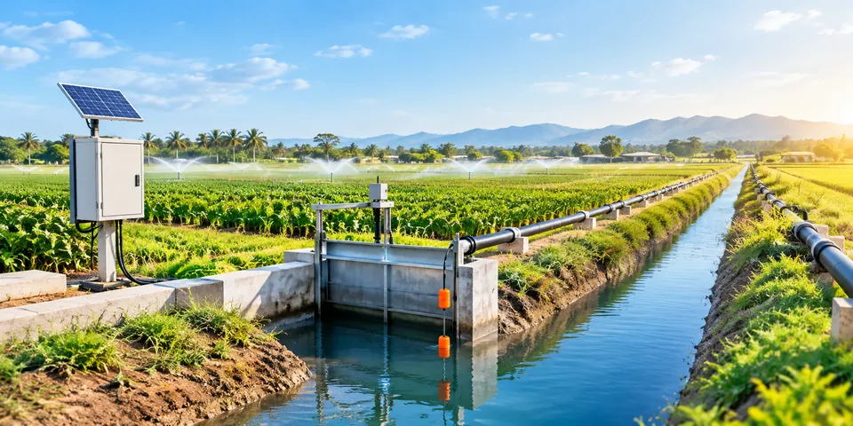 An irrigation channel between green fields, with float switches hanging in the water