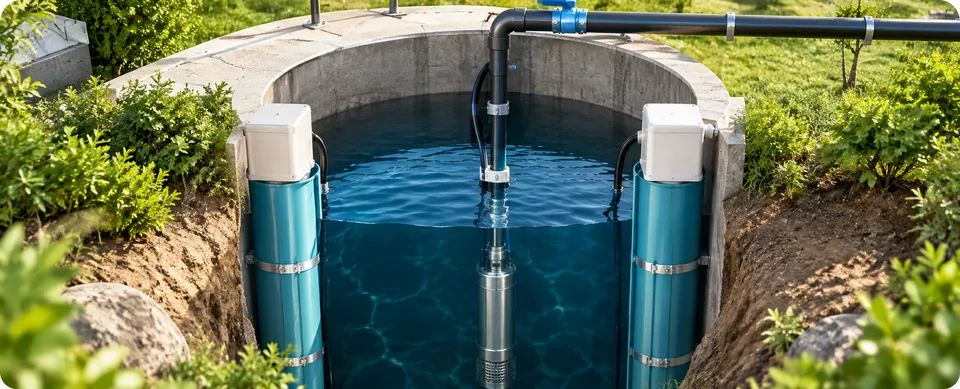 An underground sump with a pump pipe running down into the water