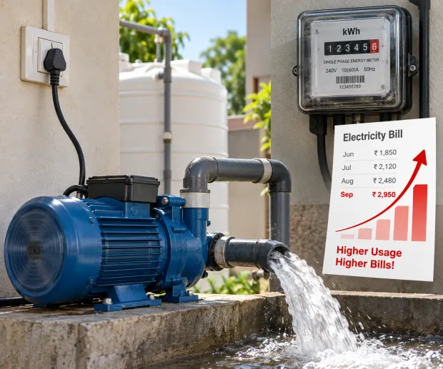 A pump beside an electricity meter and a rising bill