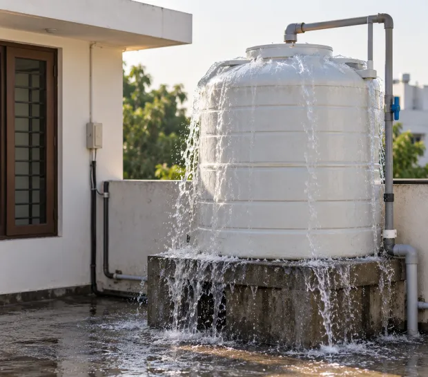 Water spilling over the top of a full overhead tank