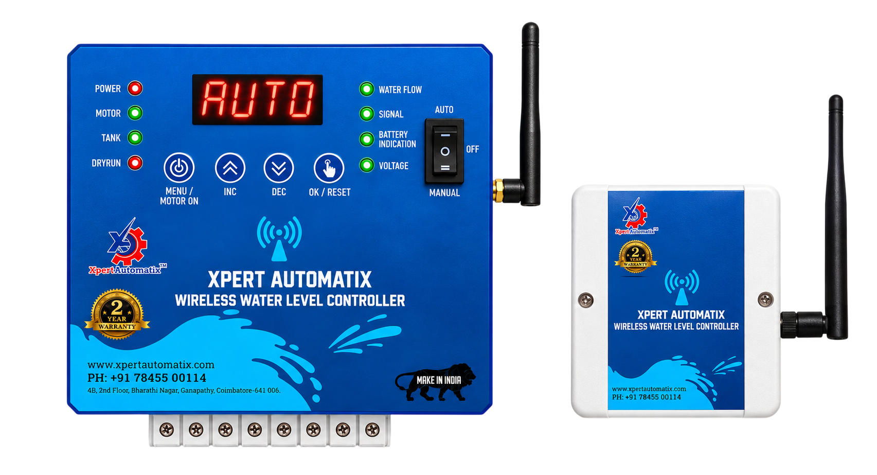 The wireless water level controller with its sensor transmitter