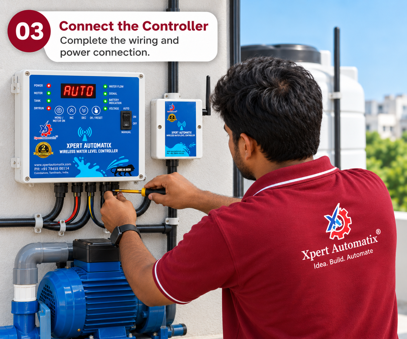 A technician working on a controller mounted above the pump
